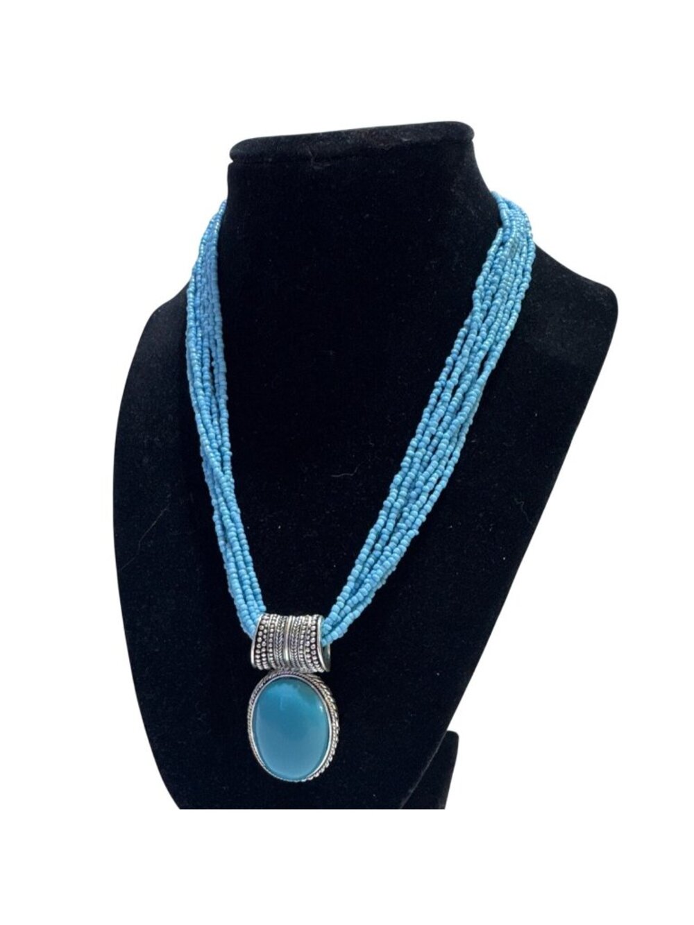 Multi-Strand Beaded Pendant Necklace With Blue Stone & Silver-Tone Accents
